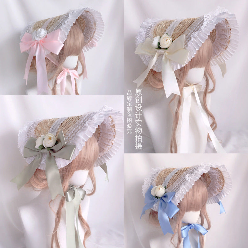 Lolita Hat Handmade Bonnet Multi-color Reminiscence BNT Original Design Pastoral Style Lolita Straw Hat for Women Summer