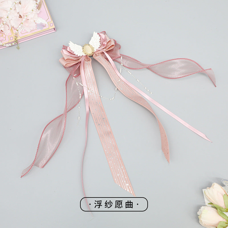Handmade Lolita Gauze Ribbon Hair Clip Pink Lotus Cat's Eye Stone Clip