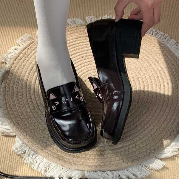 "Treasure Meow" Authentic JK Uniform Shoes | Round/Square-Toe Mid-Heel Academy-Style Leather Flats