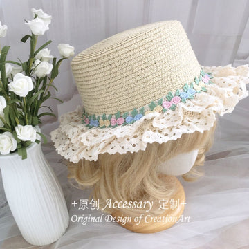 French Lolita Lace Trim Straw Hat for Women Summer Wide Brim Flat Top Sun Hat Beach Sunshade