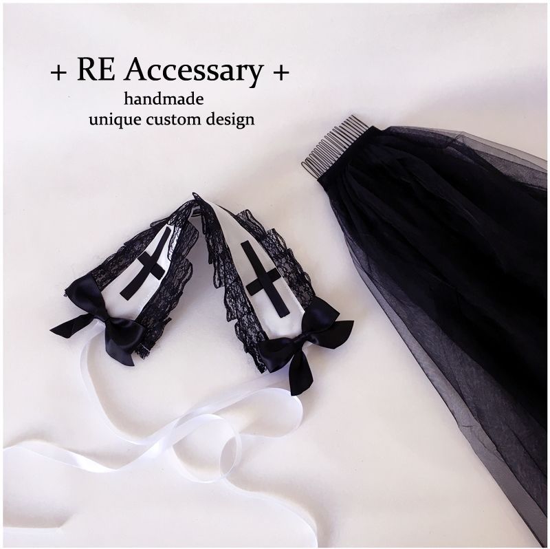 Handmade Original New Lolita Dark Night Saint Church Cross Embroidery Shiny Rhinestone Shawl Veil