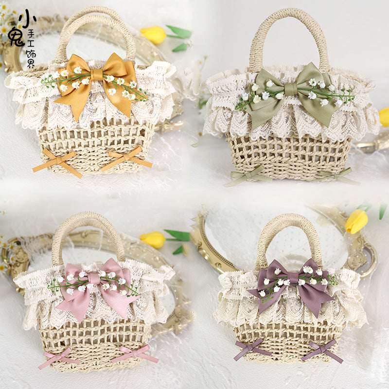 Original Lolita Mori Style Lily of the Valley Lace Beach Pastoral Straw Bag Rattan Bag Handheld Woven Bag Crossbody Bag