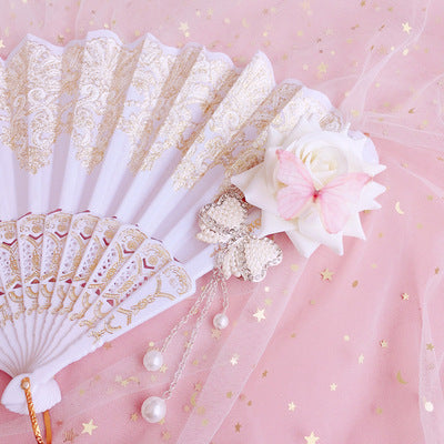 Lolita Handmade Bridal Lace Gold Stamping European Style Gorgeous Gothic Vintage Tea Party Comic Exhibition Photo Folding Fan