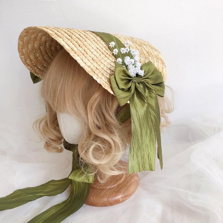 Original French Pastoral Lolita Handmade Lily of the Valley Forest Style Bowknot Bnt Flat Hat Straw Hat Photo Shoot Catwalk Cla