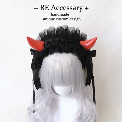 Original Handmade Lolita Multi-color Devil Horn Gothic Headband Multi-layer Lace Trim Hair Accessory