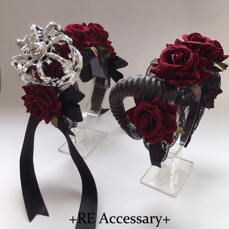 Christmas Gothic Crown Red Rose Headband Lolita Ribbon Hair Accessory Vintage Festival Party Veil Accessory