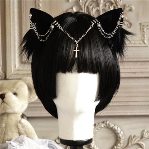 Original Handmade Lolita Chain Black Cat Ear Gothic Style Exotic Beast Ear Hair Clip Cosplay Comic Exhibition