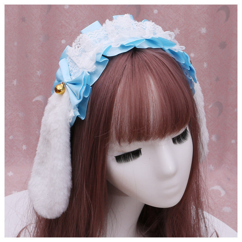 Handmade Lolita Lace Animal Ear Headwear Plush Bunny Ear Hairband Accessories