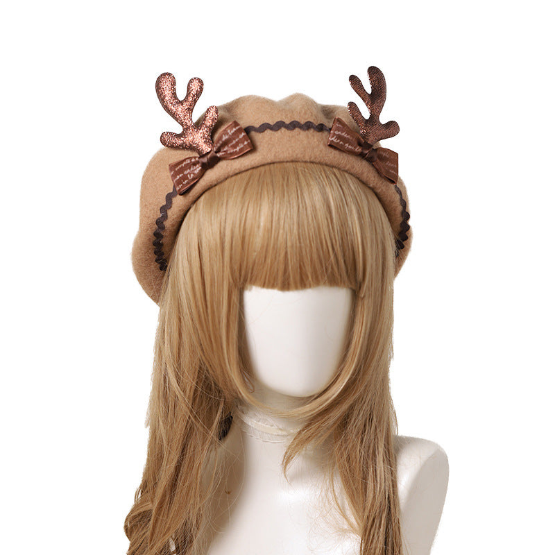Cute Deer  Soft Girl Lolita Bowknot Beret Painter Hat Handmade Antler Hat