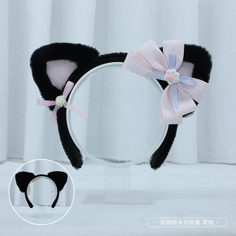 Handmade Lolita Cream Cat Ear Headband - Plush Kawaii Hair Accessory