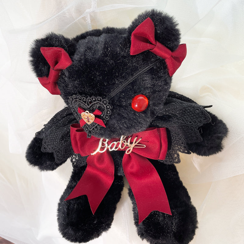 Original Handmade Design Lolita Black Eye Mask Bear Bag - Single Shoulder Black Velvet Handbag