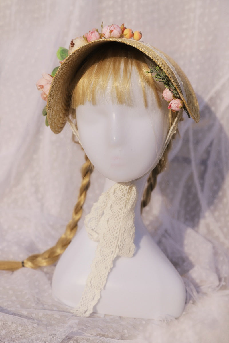 Wanqian Original Straw Hat Flat Hat Lolita Handmade Tea Party Pastoral Bonnet French Retro Photo Bntbb Hat