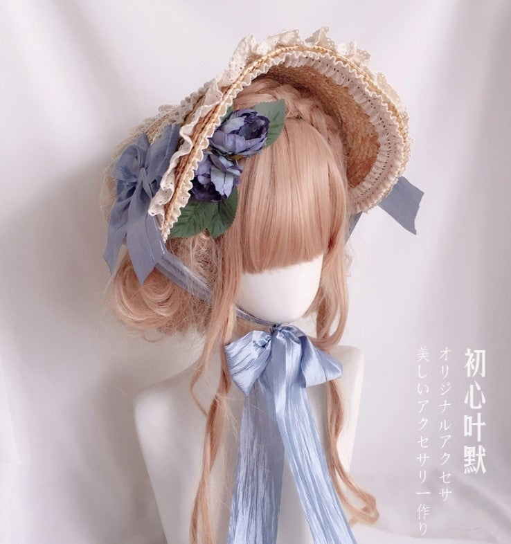 Multicolor Bonnet Straw Hat Flat Hat Lolita Original Handmade Pastoral Style Elegant French BNT Hat