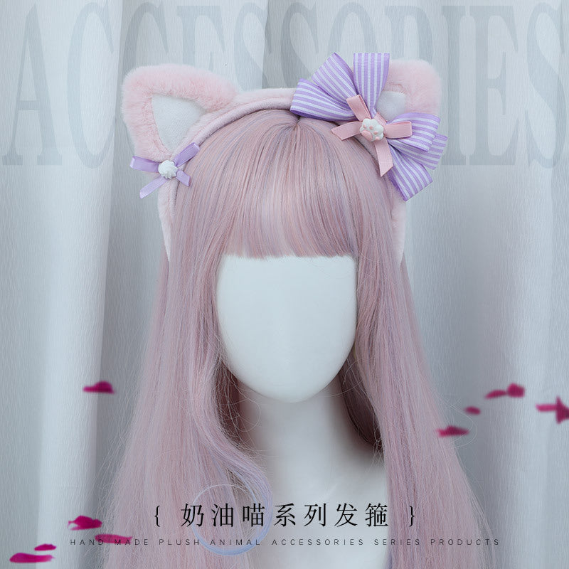 Handmade Lolita Cream Cat Ear Headband - Plush Kawaii Hair Accessory