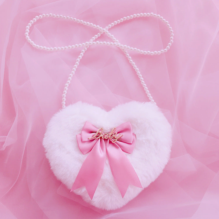 Lolita Plush Heart Shoulder Bag Heart-Shaped Multi-Color Double-Layer Bow Pearl Chain Lolita Bag Crossbody Bag