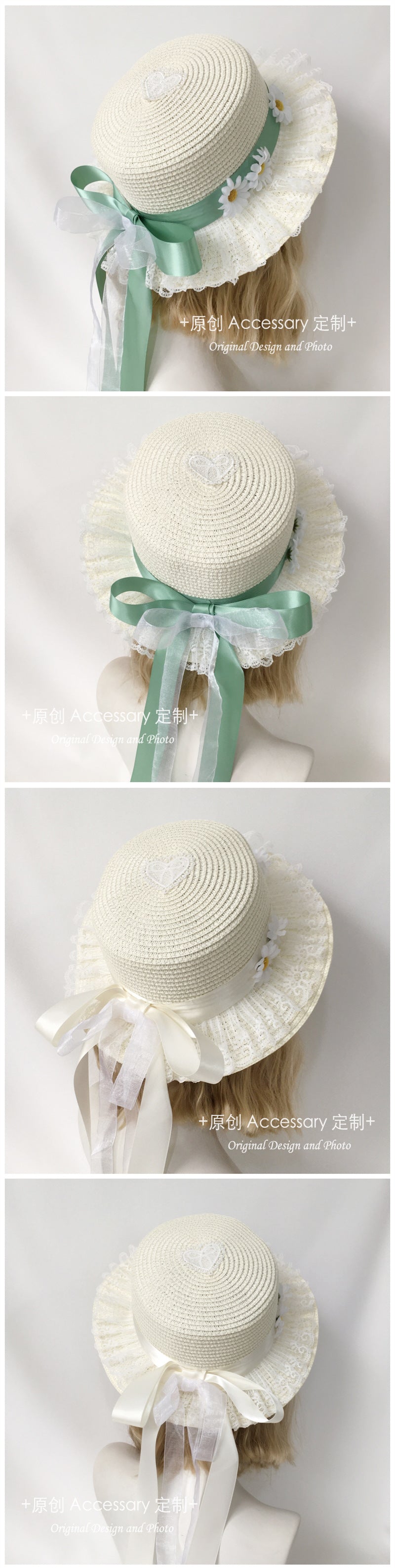 Original Handmade Lolita White Chrysanthemum Straw Hat with Bow Ribbon Sun Hat Sweet Fairy Ancient Style Outing Pastoral Hat