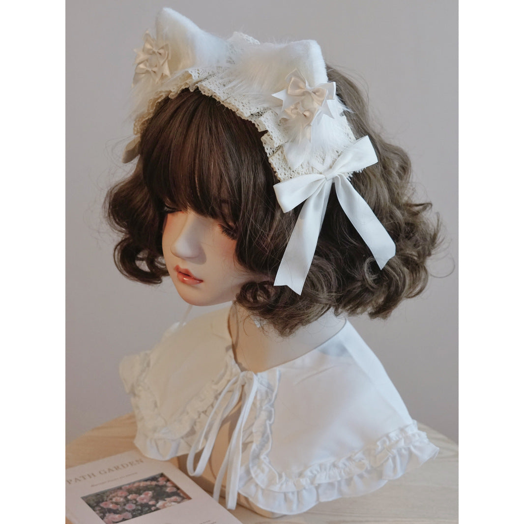 Original Handmade White Cat Ear Bow Hairband with Ruffled Edge Japanese Korean Lolita Style