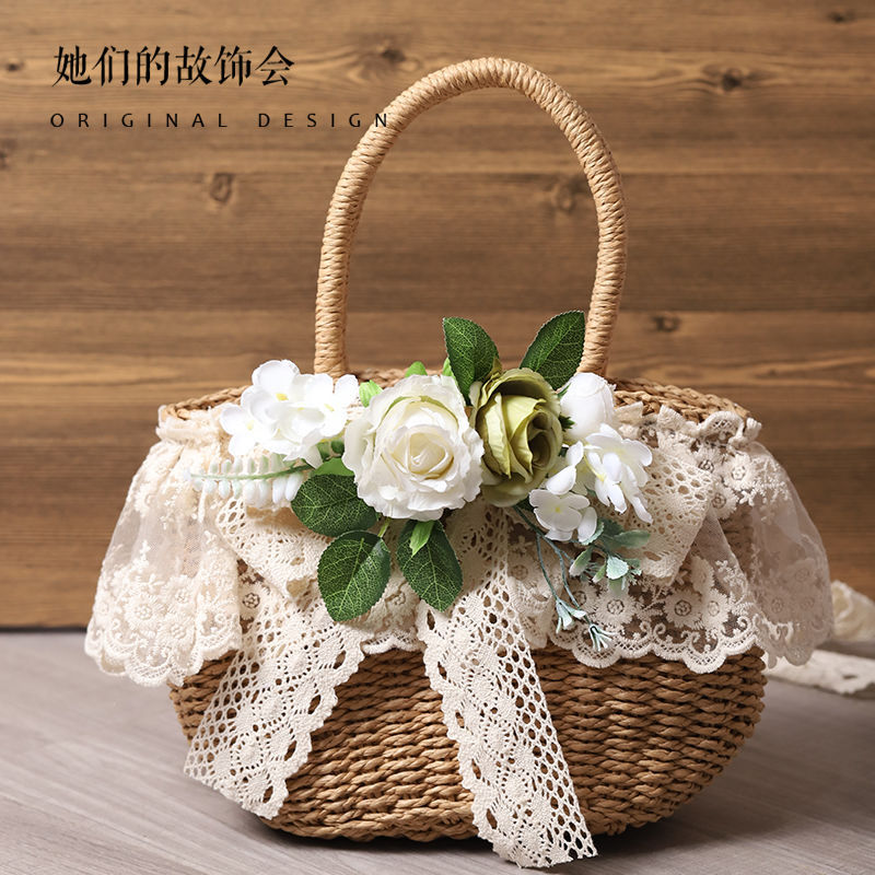 Original Handmade Straw Bag Lolita Lace Artificial Flower Beach Pastoral Soft Girl 2022 New Handbag Tote Bag