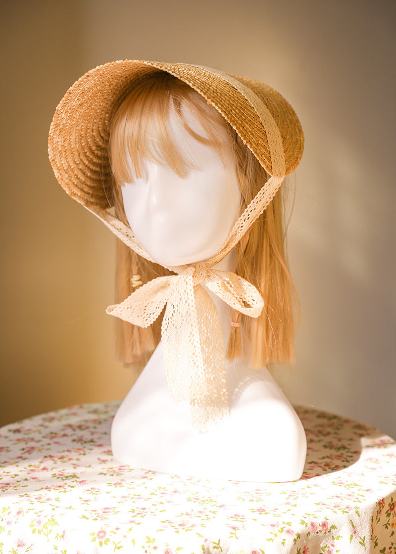 Vintage French Lolita Hat Straw Flat Hat DIY Handmade Vintage Accessories Bnt Lace Strap Hat