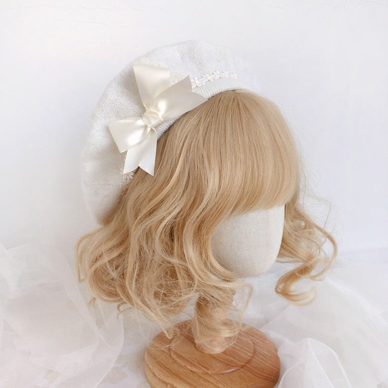 Original Japanese Handmade Mori Style Bow Beret Daisy Lace Soft Cute Lolita Handmade Lace