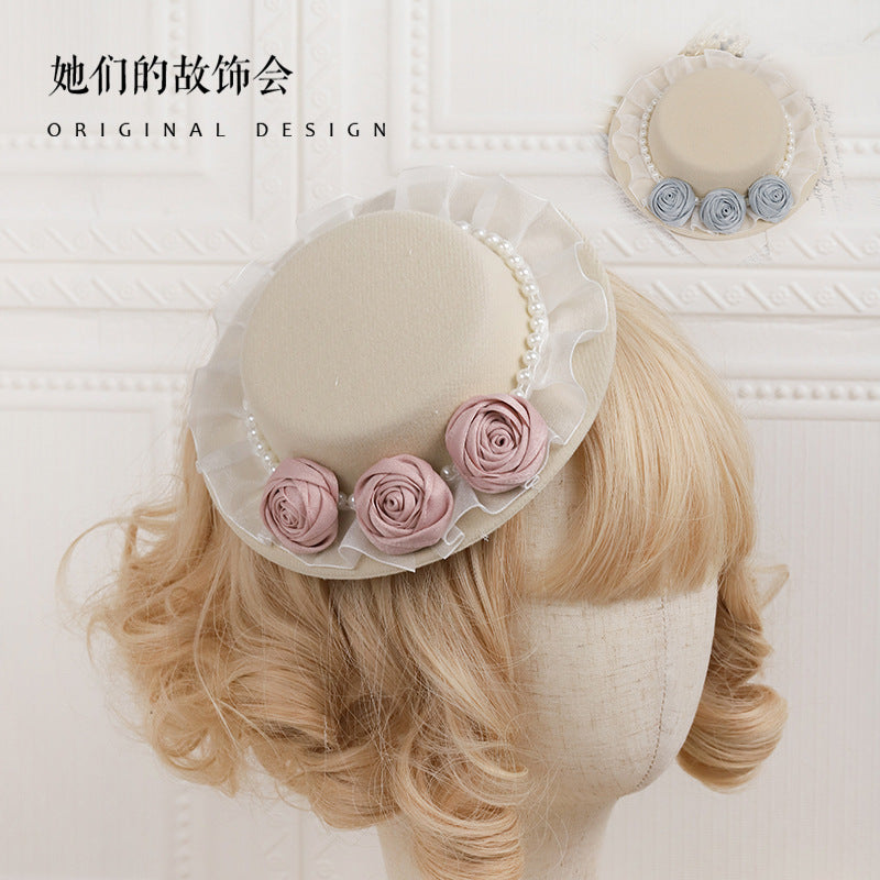 Original Lolita Handmade Mini Flat Hat for Women Summer Pearl Fake Flower Elegant Chinese and Western Mixed Gentle Style Hat