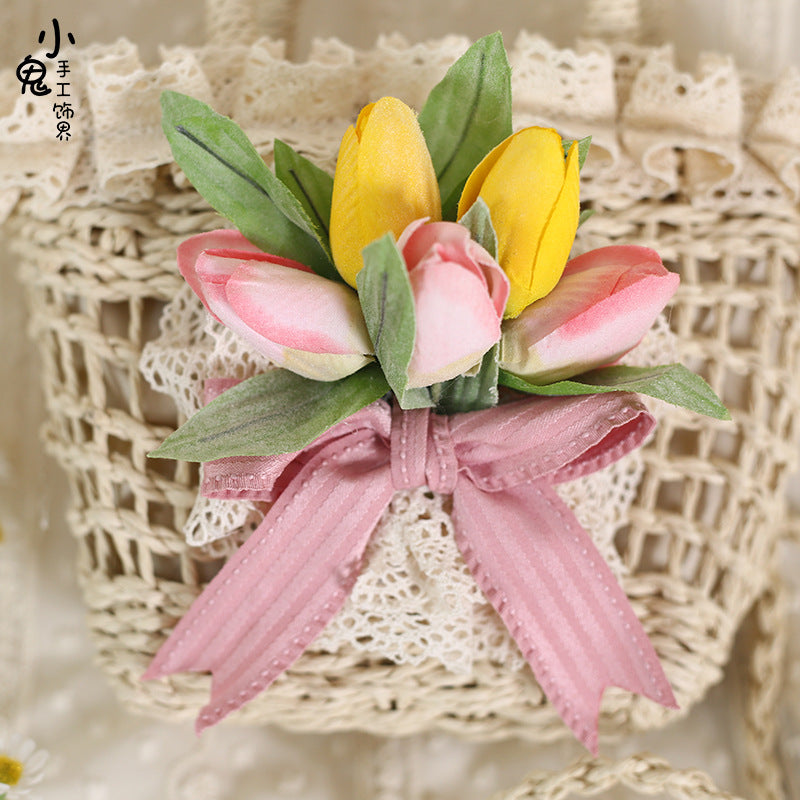 Original Lolita Tulip Lace Pastoral Handbag Bowknot Han-Yang Eclectic Straw Bag Elegant Lolita