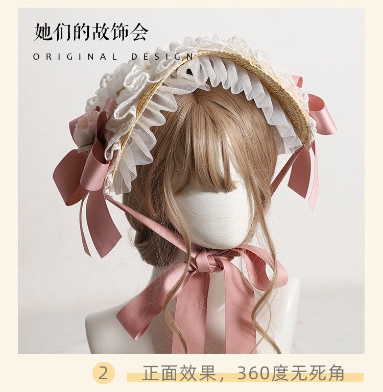 Lolita Hat Handmade Bonnet Multi-color Reminiscence BNT Original Design Pastoral Style Lolita Straw Hat for Women Summer