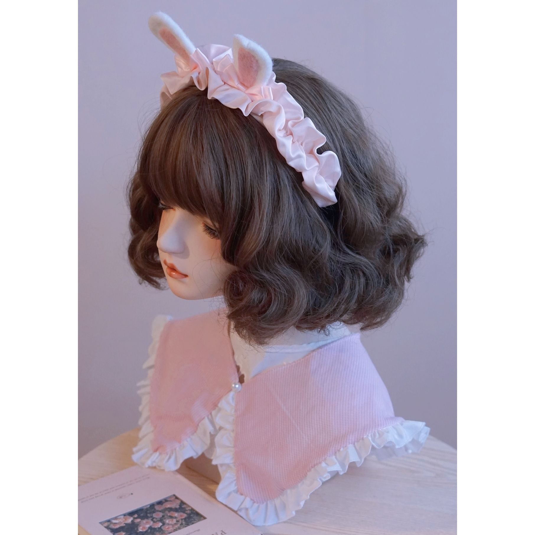 Original Handmade Rabbit Ear Ruffled Pink Headband Lolita KC Rabbit Ear Headband