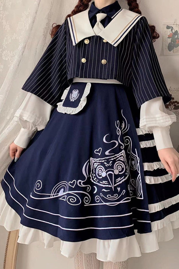 Navy Lolita headpiece with large white bow and ruffled trim