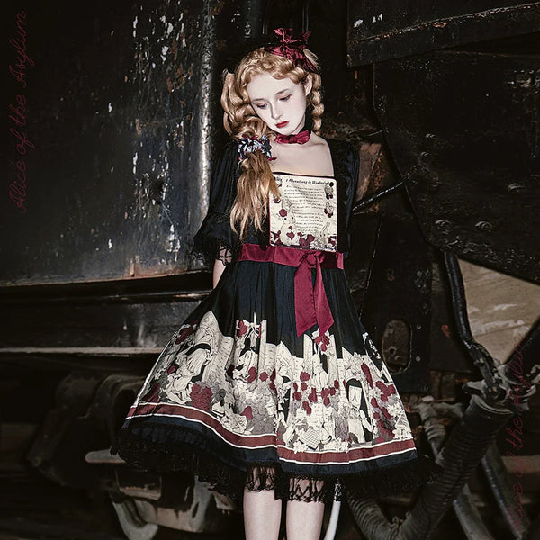 Caged Bird Hotel - Asylum Alice - Black OP Sleepwear Dress with Storybook Print