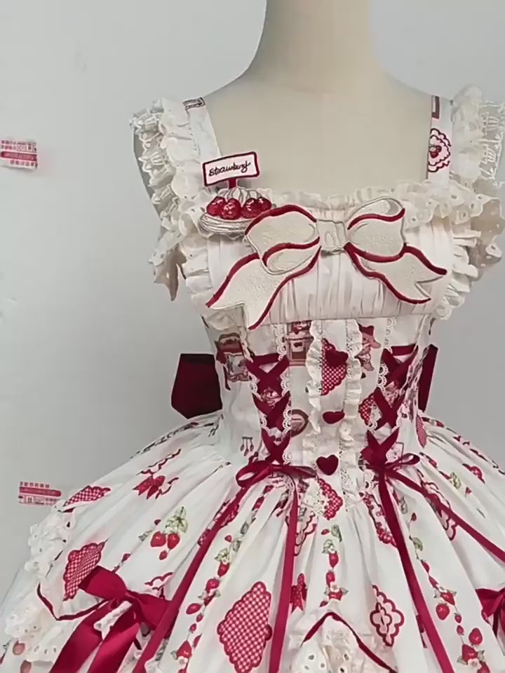 ZhiJinYuan - Strawberry Bear -  Strawberry Handle Printed Sweet Lolita JSK Dress