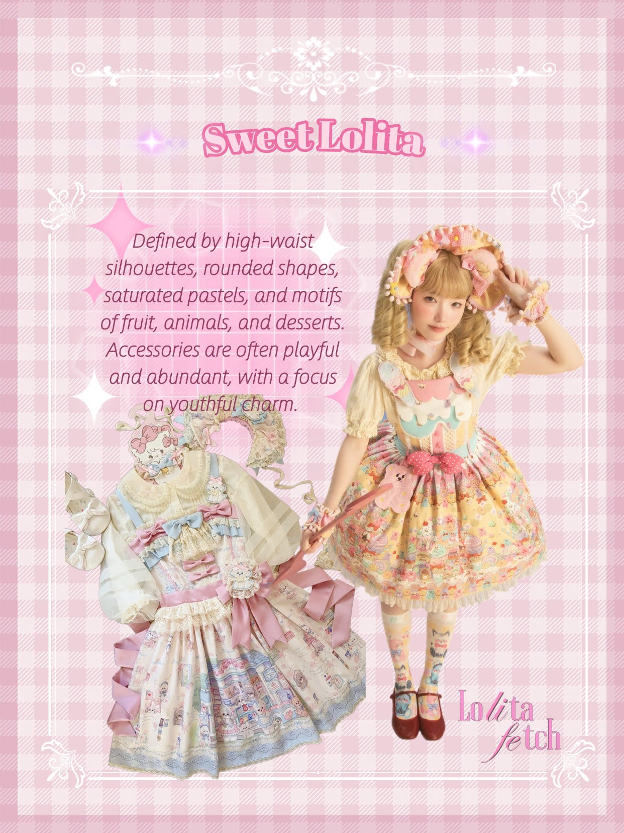 Original Sweet Lolita visual guide with pastel dresses, rounded accessories and dessert motifs.