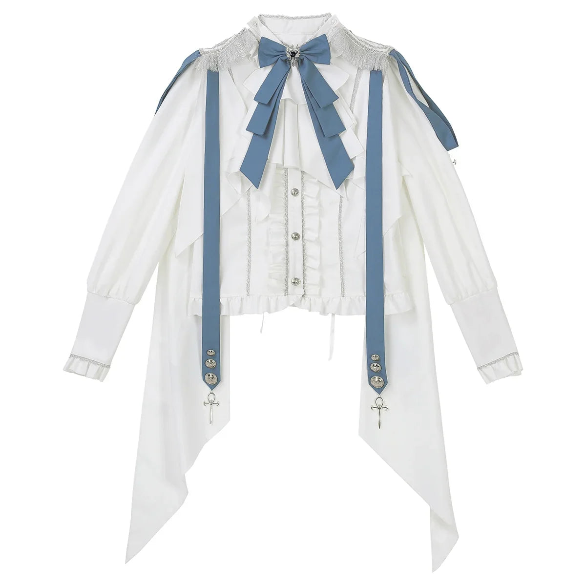 White and pale blue military Lolita shirt with shoulder trim, ordered buttons and long ribbon panels