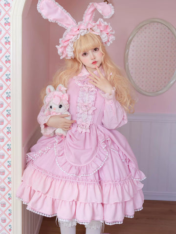 Galette Bunny pink-purple Sweet Lolita dress with white lace sleeves and bows