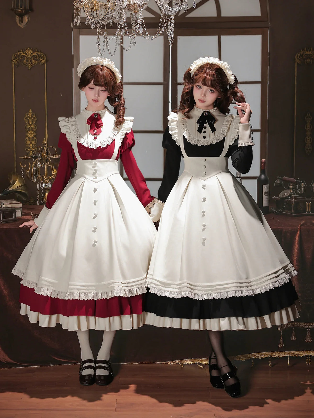 With PUJI Miss Lita black and red Lolita maid dresses with ivory aprons