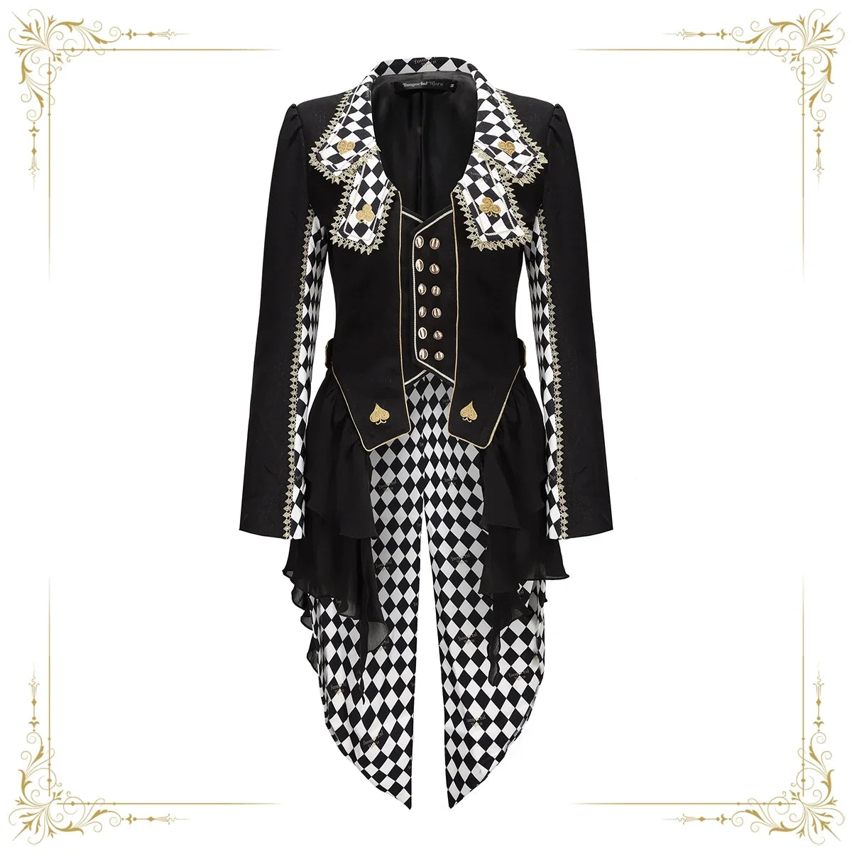 Black Immortal Thorn Lost Alice tailcoat with checkered lapels, gold-coloured embroidery and a split hem
