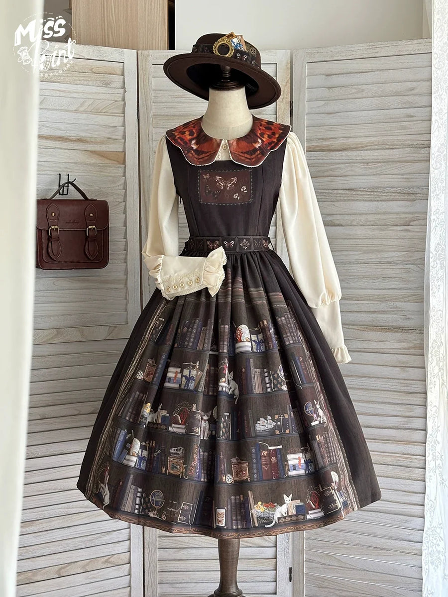 Dark brown Miss Point German Bookshelf JSK with a cream blouse and printed book motif skirt