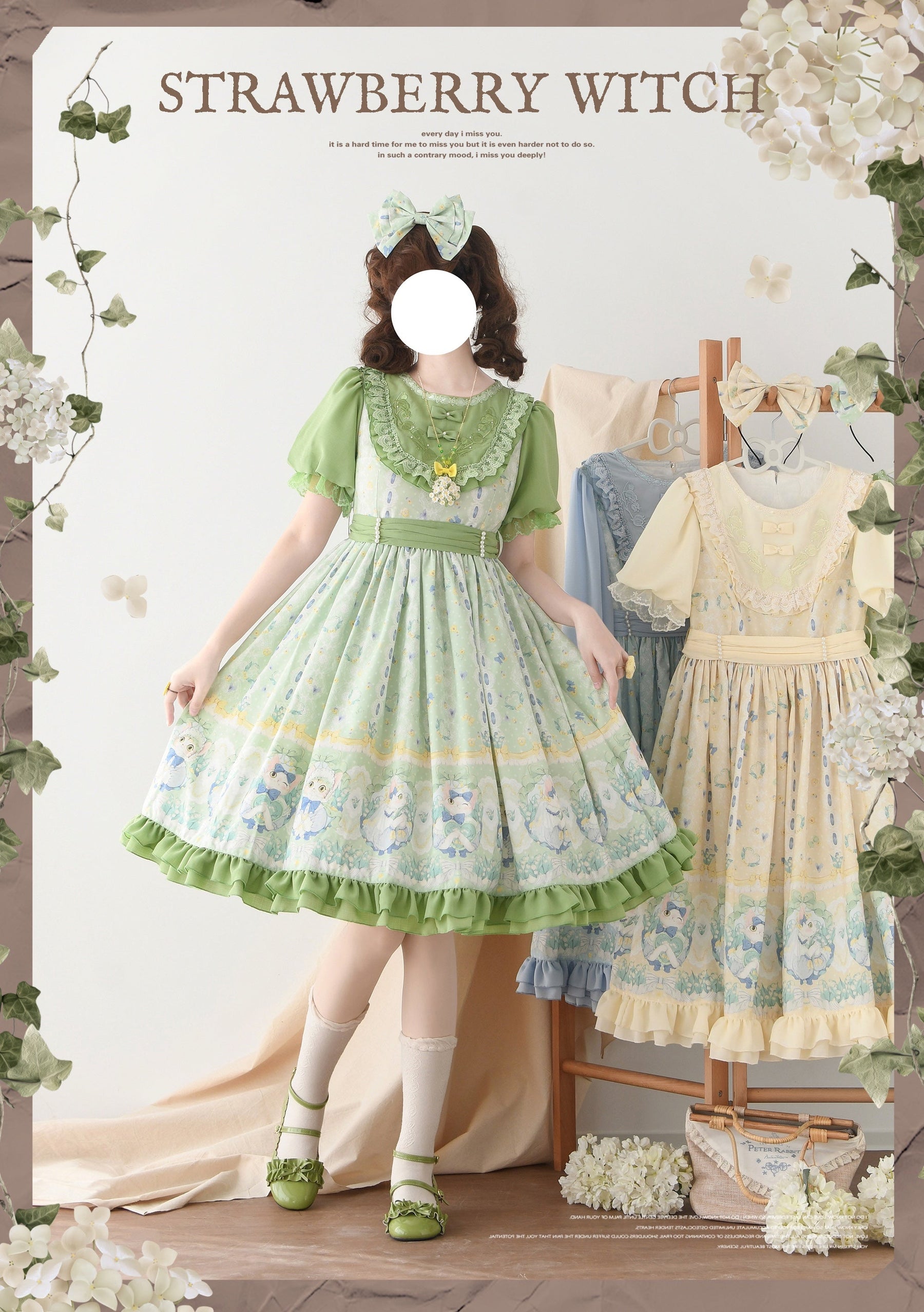 Green Strawberry Witch Country Lolita OP with lily embroidery, lace and a pastoral cat-print skirt