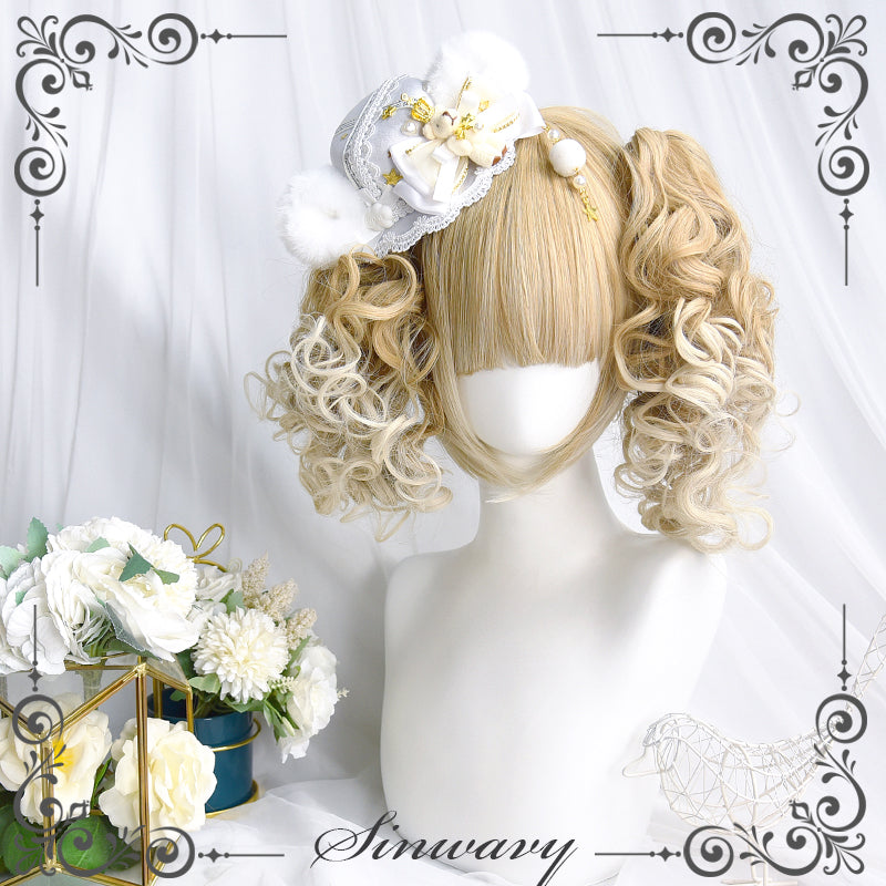 Blonde Sinwavy Lolita short wig with curled twin tails and a white headpiece