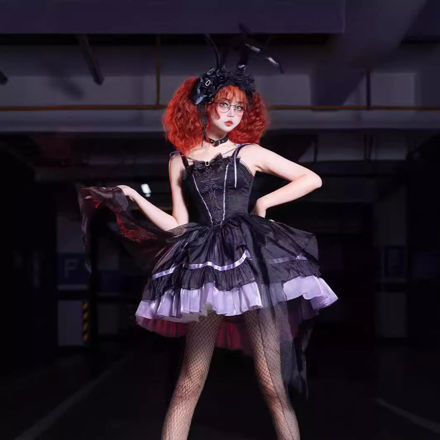 Purple-and-black ZhiJinYuan Magic Spirit Girl Gothic JSK with an embroidered bodice and asymmetric layered skirt