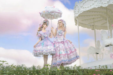 Two Lolita coordinates shown together in a soft outdoor scene, used as the hero image for a beginner silhouette guide.