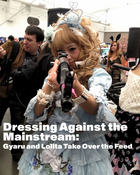 Lolita street fashion cover with a parasol and the words Dressing Against the Mainstream