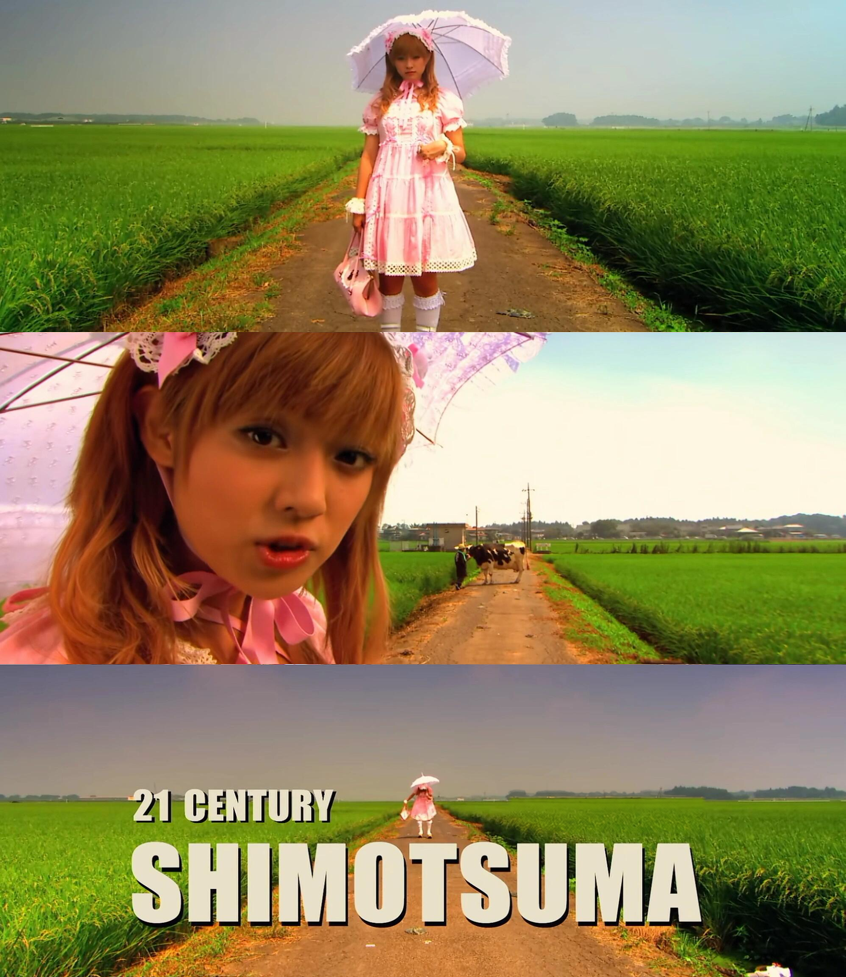 Three Kamikaze Girls stills showing Momoko in Lolita dress in rural surroundings.