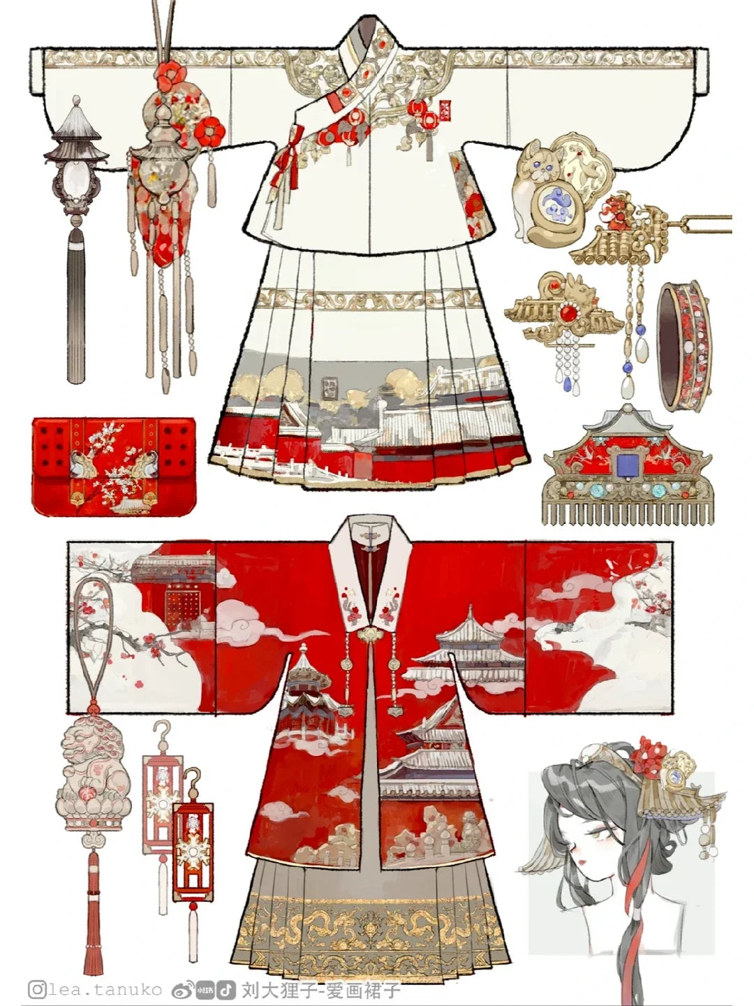 Two red and white dress designs inspired by snow at the Forbidden City