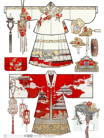 Two red and white dress designs inspired by snow at the Forbidden City