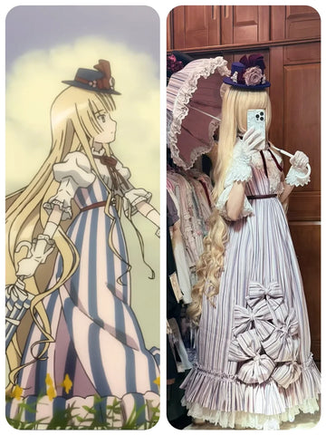 A GOSICK illustration beside a striped empire-line Lolita coordinate