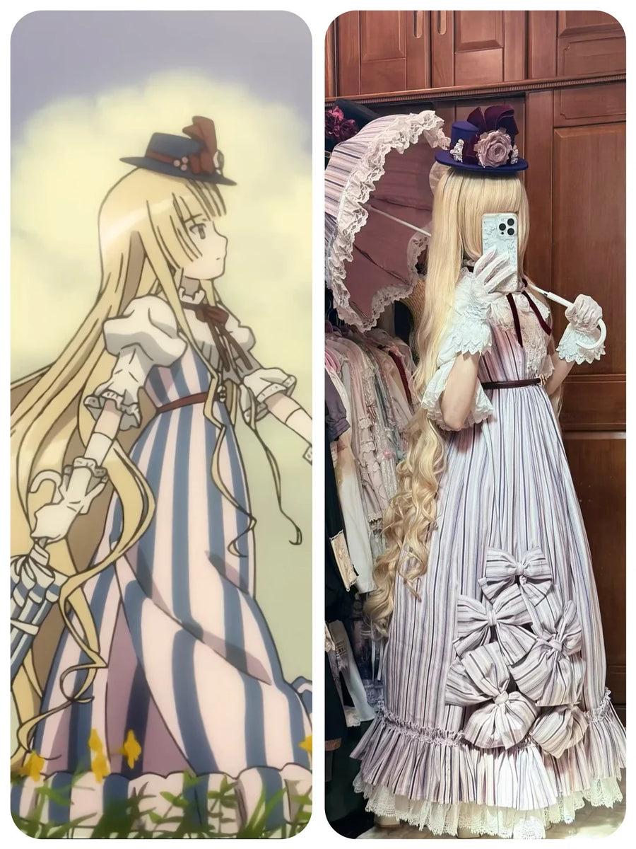 A GOSICK illustration beside a striped empire-line Lolita coordinate