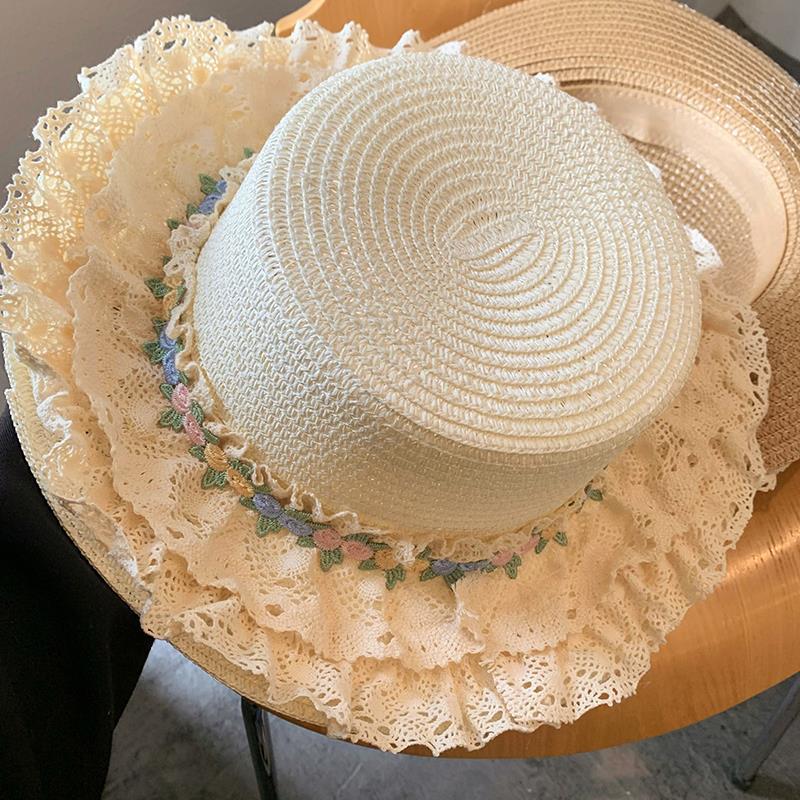 French Lolita Lace Trim Straw Hat for Women Summer Wide Brim Flat Top