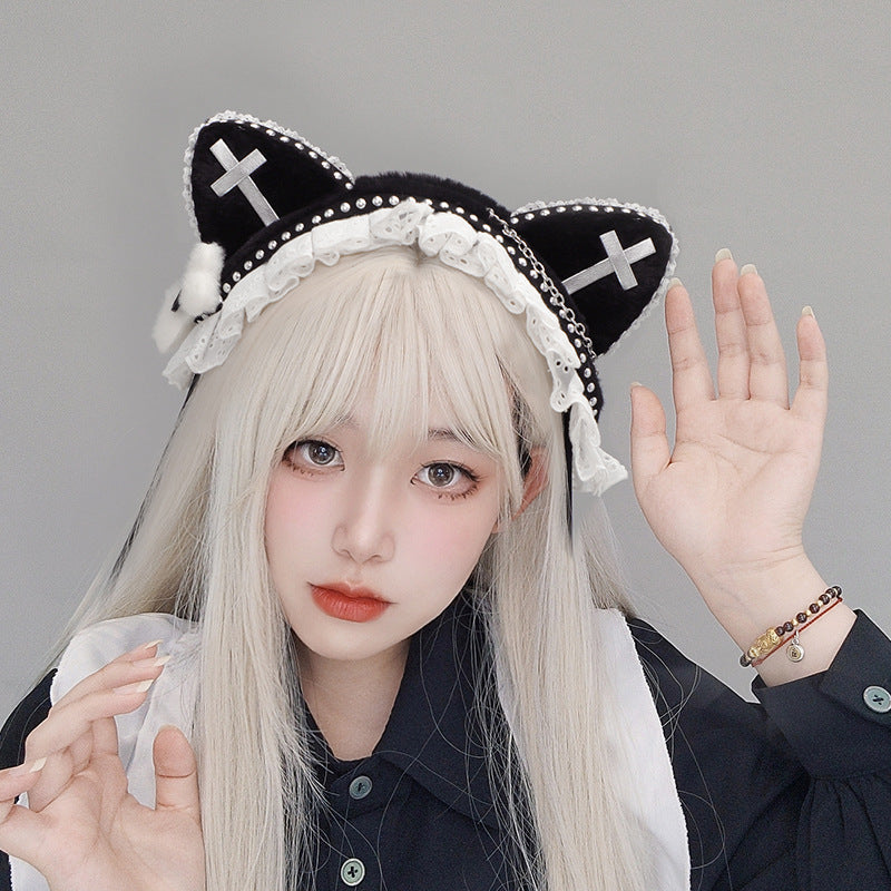 Dark Gothic Style Rivet Cat Ear Headband Metal Cross Cat Girl Hair Accessory Subculture Punk Cat Ear Headwear - Lolita Fetch