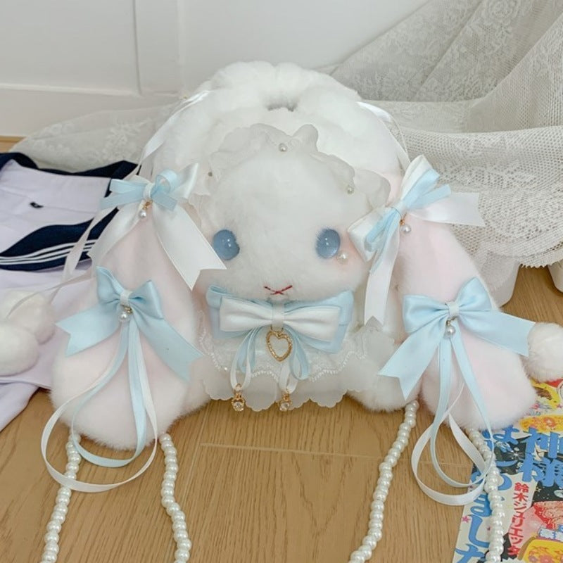 Lop-Eared Bunny Lolita Pearl Chain Doll Bag – 2025 Cute Bow Plush Shoulder Bag